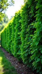 A dense, living wall of trees and shrubs, forming a natural barrier Perfect for landscaping, environmental protection, and privacy Offers a vibrant, textured backdrop , barrier, foliage, wood