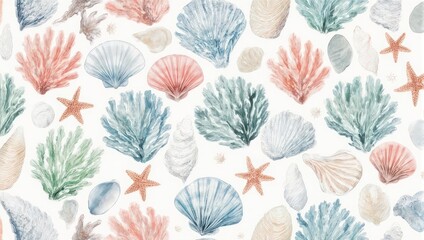 Watercolor Sea Life Pattern - Coral, Shells, and Starfish on White.