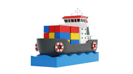 3D Cartoon Cargo Ship with Shipping Containers on Water on transparent background