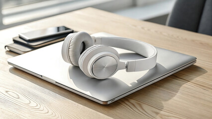 White wireless headphones resting on a closed silver laptop on a wooden desk with a smartphone nearby