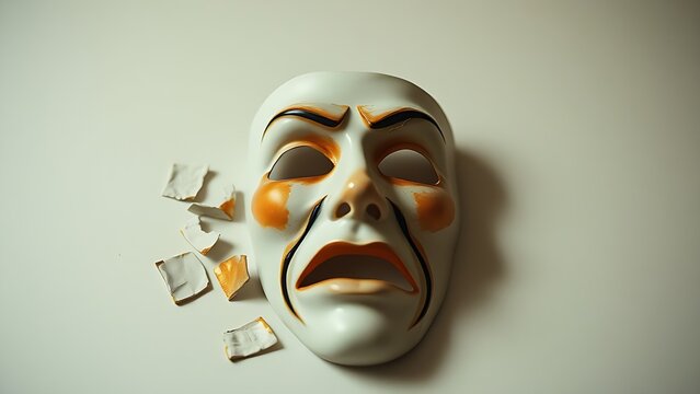 reassembled. A fragmented theatrical mask with pieces reassembled into a distorted expression. event programs, museum guides, designed for cultural heritage projects and event programs.