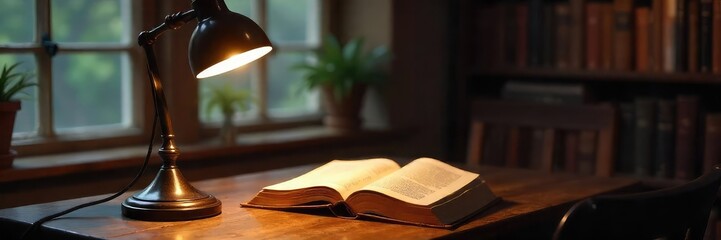 Elegant table lamp illuminates a classic book on a vintage wooden desk, casting a warm, inviting glow Perfect for home office, library, or study themes , classic literature, library