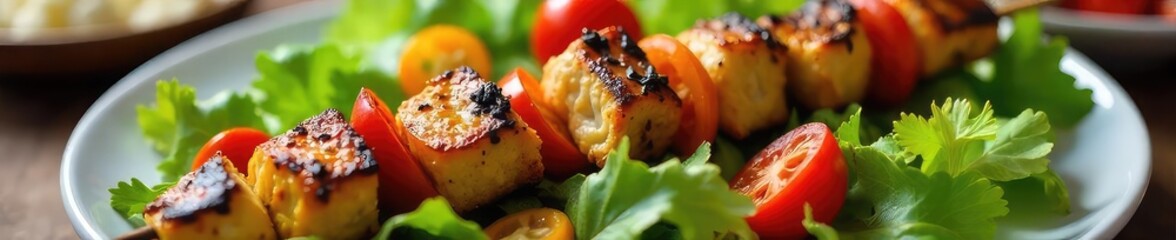 Grilled chicken and veggie skewers over a vibrant summer salad; perfect BBQ side dish  Fresh, healthy, delicious, summer meal ,  bbq,  spices