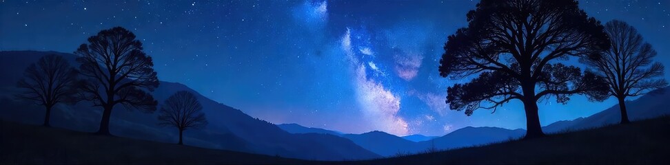 Silhouetted trees against a starlit sky, conveying a sense of mystery and quiet contemplation during the night Perfect for spiritual, mystical, and nature-related themes , sacred, quiet