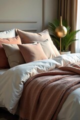 Luxurious bedding arrangement with plush pillows and a textured throw blanket, creating a cozy and inviting bedroom scene , luxurious, fabric