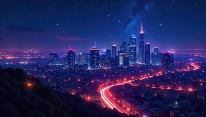 A vibrant cityscape at night, twinkling stars reflected in skyscraper windows, creating a magical, celestial nightlife scene , skyscrapers, atmosphere