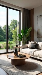 Stylish modern living room interior with large window, comfortable sofa, elegant coffee table, and decorative plants Perfect for home decor inspiration , home staging, coffee table