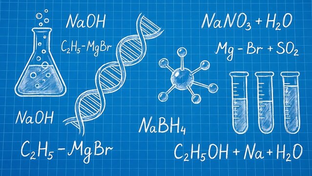 Chemistry formulas and DNA structure on blue graph paper background