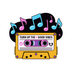 Retro music cassette with musical notes, capturing the essence of nostalgia and good vibes