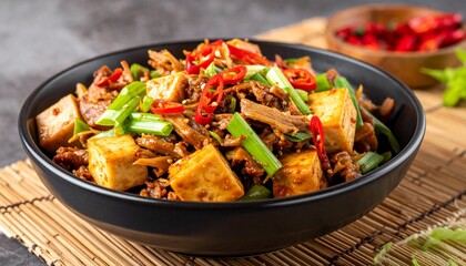 Fototapeta premium Enjoying a delicious traditional Taiwanese snack — Hsinchu-style Hakka stir-fry made with braised dried tofu, shredded pork, celery, scallion segments, chili peppers, and soy sauce