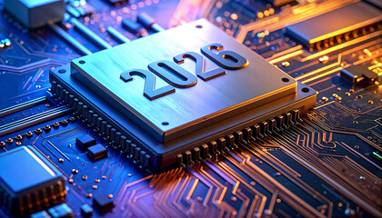 Metallic numbers 2026 displayed on the glowing surface of the microchip