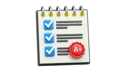 3D Checklist with A+ grade and checklist icon on transparent background