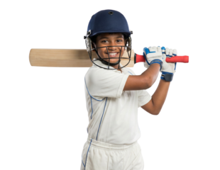 Smiling Young Boy Cricket Player in Full Uniform with Bat and Helmet