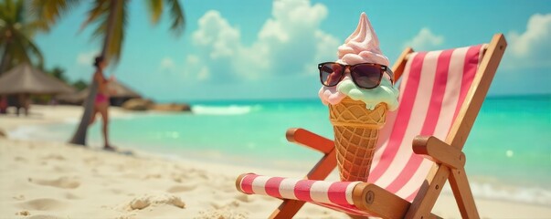 A melting ice cream cone drips down a sun-baked beach chair, sunglasses perched precariously on top A hilariously hot summer day scene , funny, funny photo, sand © Janmo