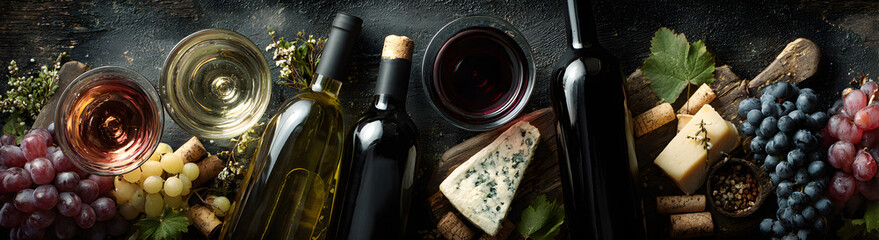 Wine composition on rustic background, flat lay, top view