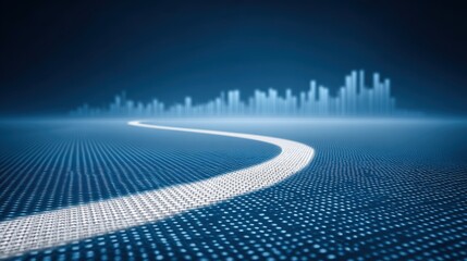 Abstract digital landscape with a winding white line on a blue background, representing technology, innovation, and data analysis for futuristic concepts