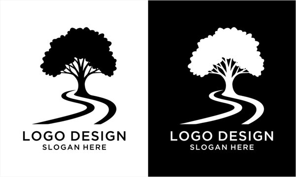 Tree and Winding Path Logo Design in Black and White.