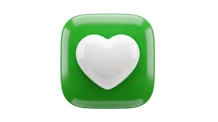 3D Green rounded square icon with white heart symbol on transparent background