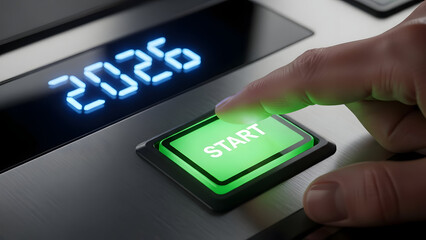 Hand Pressing Green Start Button for New Year 2026 Countdown and Future Success Concept
