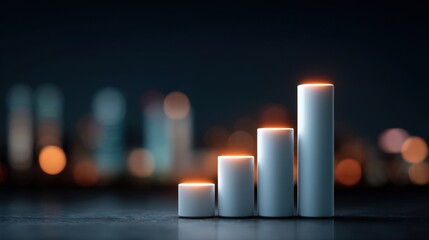 Modern Abstract Representation of Financial Growth with Rising White Bars and Soft Glow Against Blurred City Lights Background