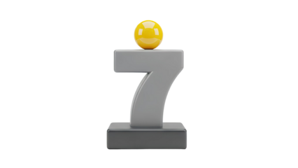 3D Number 7 with a yellow ball on top on transparent background