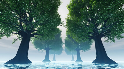 digital nature concept featuring cybernetic forest trees with glowing network patterns reflecting on an abstract futuristic data surface