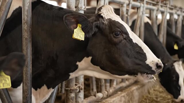 Close up of a black and white Holstein cow in a barn.