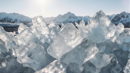 Icy Landscape - Sparkling Ice Blocks with Mountain Backdrop.