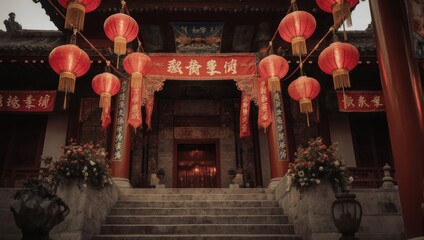 Ornate Chinese Temple Entrance with Red Lanterns and Intricate Details.
