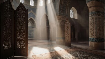 Sunlight Streams Through Arched Windows in a Mosque Interior.