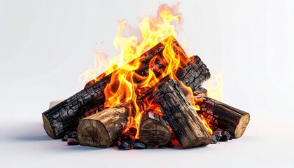 A campfire burns with flames rising from charred logs on a white background