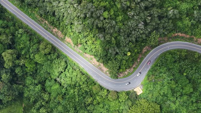 Aerial Top View of Winding Forest Road; Concept of Sustainable Future Mobility and Smart Infrastructure in Nature.