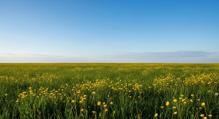 Vast green field with yellow flowers under clear blue sky.