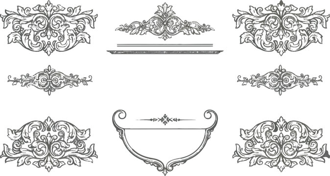 Vector illustration set of  ornate frames and decorative floral design elements featuring victorian calligraphic scrolls and retro ornamental borders
