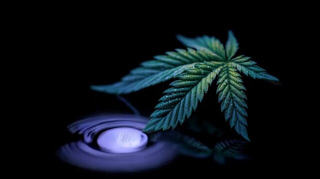 A close-up of a marijuana leaf with a single drop of water resting on its surface.