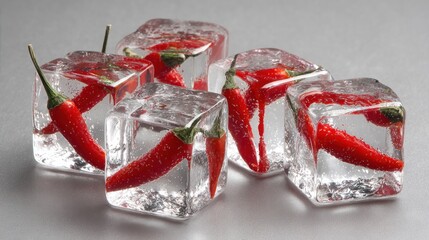 Ice Cubes with Red Chili Peppers Embedded for Culinary Decoration