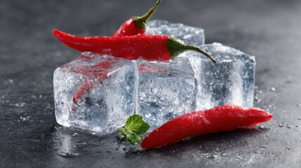 Ice Cubes with Red Chili Peppers on Dark Background