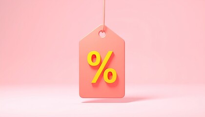 Pastel pink tag, yellow percent symbol, floating in a clean, soft space