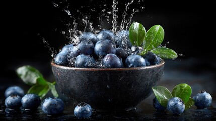 Fresh Blueberries Splashing with Green Leaves in Dark Background