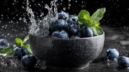 Fresh Blueberries Splashing in Water with Green Leaves Garnish