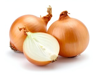 Three whole yellow onions, one cut in half, displayed against a white backdrop