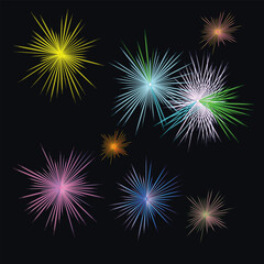 Several Brilliantly Colored Abstract Starburst Shapes Resembling Digital Fireworks Explode Across The Dark Indigo Canvas Presenting A Lively And Energetic Background Perfect For Holiday Themes 
