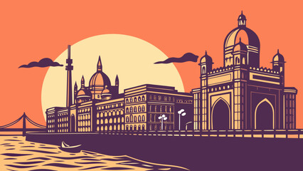 Naklejka premium Mumbai skyline featuring the iconic gateway of india against the seaside horizon. Suitable for travel brochures, websites, and blogs.
