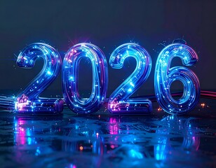 Illuminated futuristic 2026 digits with flowing blue and pink light