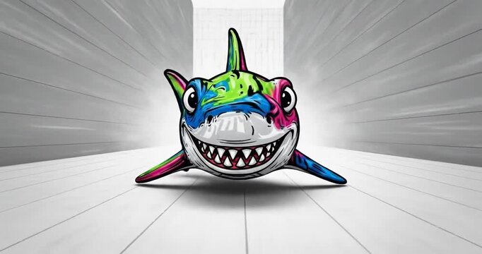 Colorful shark mural on a sleek background, showcasing vibrant art in a modern space