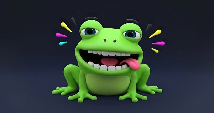 Colorful cartoon frog with a joyful expression, set against a dark background, showcasing vibrant colors