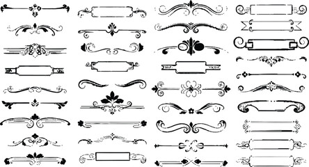 Vector set of vintage design elements featuring ornate calligraphic borders, victorian scrolls, floral dividers, and retro ribbon banners for decorative page illustration
