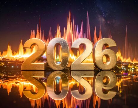 Gold digits "2026" reflect against night lights, starscape background - Powered by Adobe