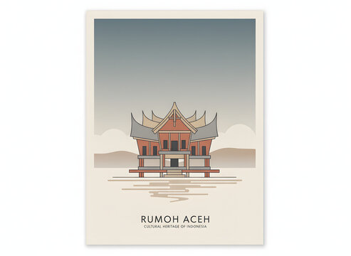 Architectural illustration of a traditional Aceh building with minimalist design