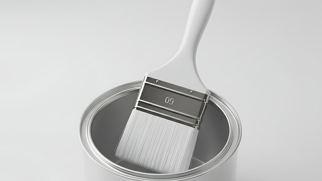 Paintbrush resting on an open white paint can, presenting a high key, monochrome minimalist composition. Color of 2026 year dancer in the white cloud, Interior Design, Renovation & Painting Aesthetics